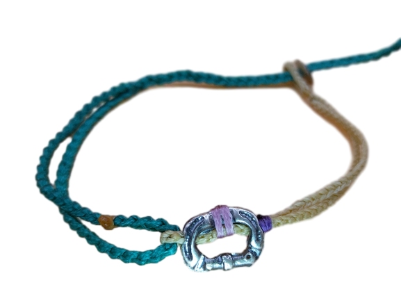 double (thin & thick) cord bracelet/anklet on cream and veraman with carabineer.