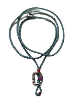 thin cord necklace (multi jewelry) on cyan with carabineer.