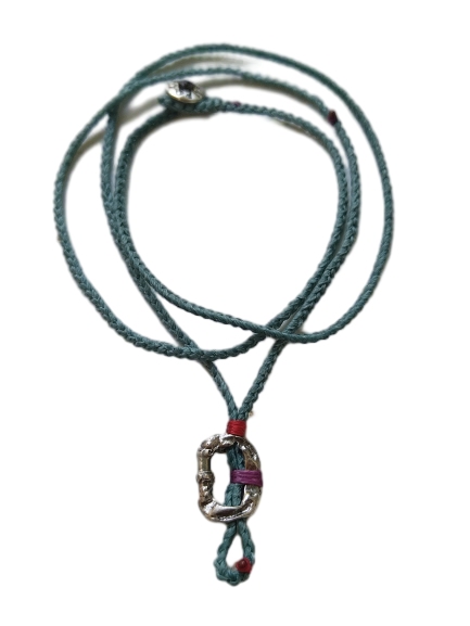 thin cord necklace (multi jewelry) on cyan with carabineer.