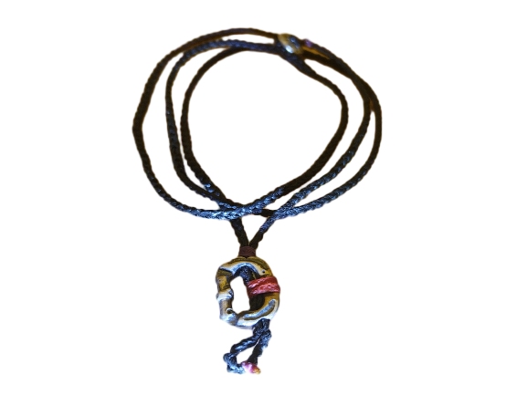 thin cord necklace (multi jewelry) on dark denim with carabineer.