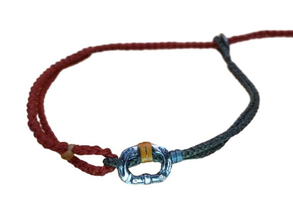 double (thin & thick) cord bracelet/anklet on khaki and coral with carabineer.