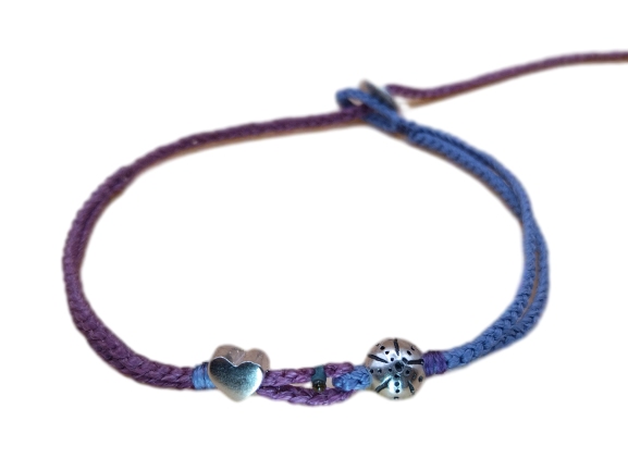 double thin cord bracelet/anklet on amethyst and purple with sea urchin and ❤️