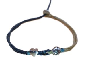 double thin cord bracelet/anklet on cream and coal with sea urchin and ❤️