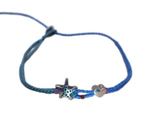 double thin cord bracelet/anklet on cyan and navy blue with starfish and ❤️