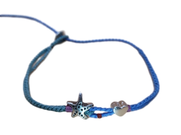 double thin cord bracelet/anklet on cyan and navy blue with starfish and ❤️