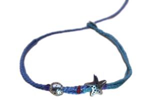double thin cord bracelet/anklet on cyan and amethyst with starfish and sea urchin.