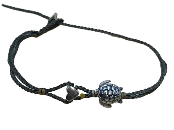 double thin cord bracelet/anklet on khaki and khaki with sea 🐢 and ❤️