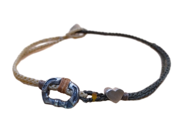 double thin cord bracelet/anklet on cream and khaki with carabineer & ❤️