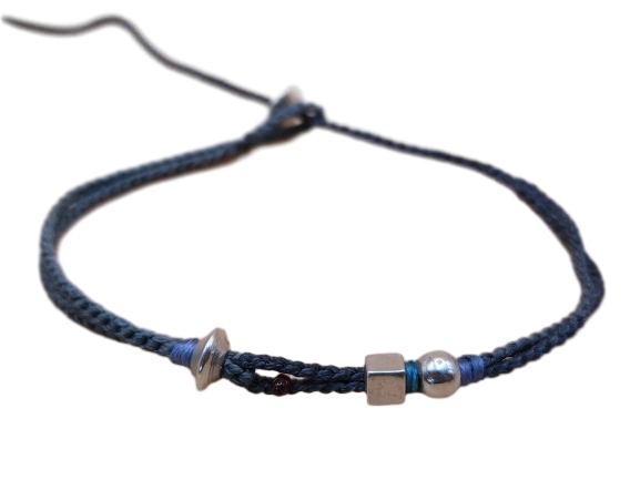 double thin cord bracelet/anklet on gray blue and coal with three geometric beads.