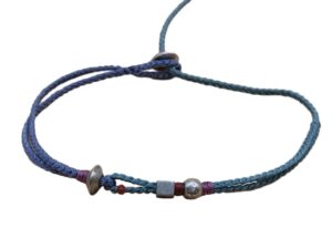 double thin cord bracelet/anklet on amethyst and cyan with three geometric beads.