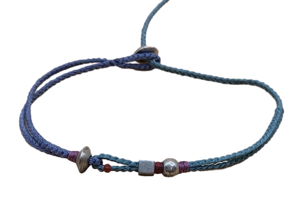double thin cord bracelet/anklet on amethyst and cyan with three geometric beads.