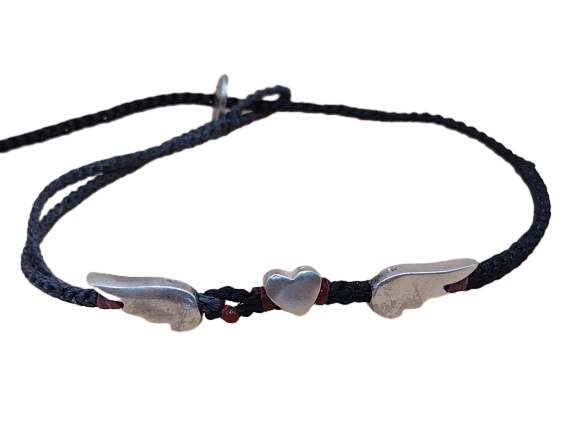 double thin cord bracelet/anklet on coal and black with "feathers of love" ❤️