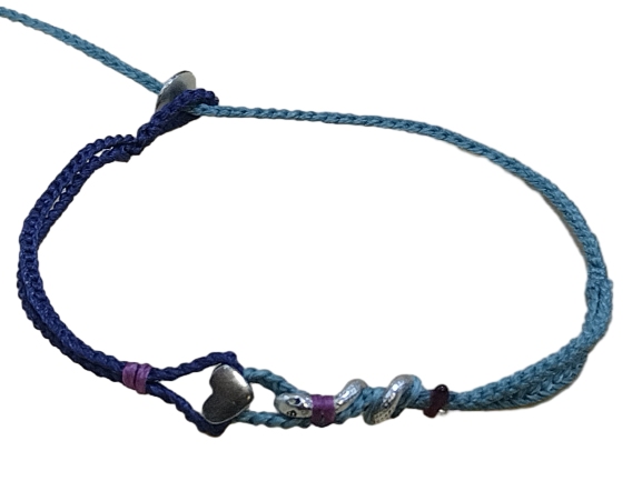 double thin cord bracelet/anklet on dark denim and cyan with 🐍 & ❤️