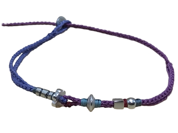 double thin cord bracelet/anklet on amethyst and purple with five geometric beads.