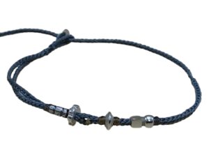double thin cord bracelet/anklet on gray and gray with five geometric beads.