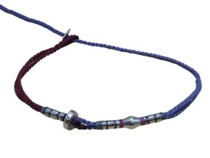 double thin cord bracelet/anklet on dark red and amethyst with five geometric beads.