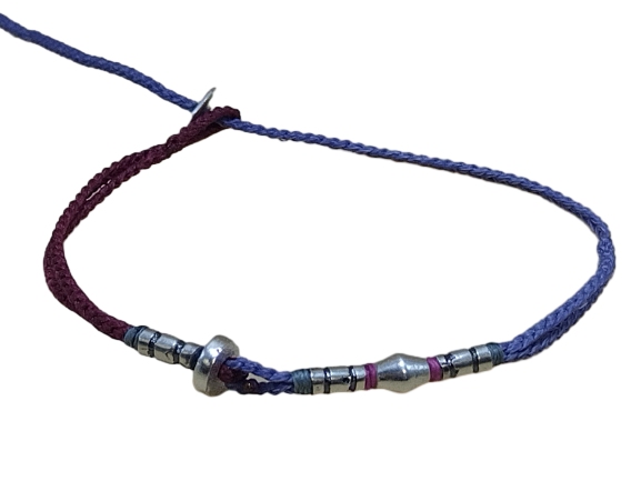double thin cord bracelet/anklet on dark red and amethyst with five geometric beads.