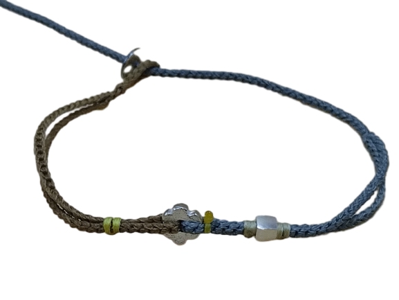 double thin cord bracelet/anklet on moca and gray blue with gear and geometric beads.
