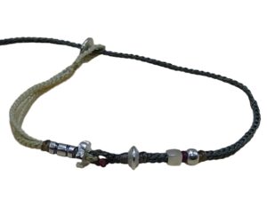 double thin cord bracelet/anklet on cream and khaki with five geometric beads.