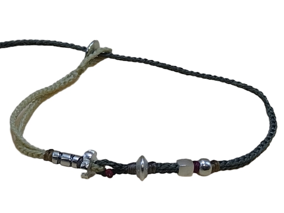 double thin cord bracelet/anklet on cream and khaki with five geometric beads.