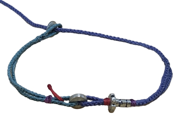 double thin cord bracelet/anklet on cyan and amethyst with gear & geometric beads.