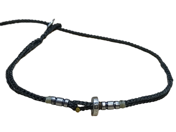 double thin cord bracelet/anklet on khaki and khaki with three geometric beads.