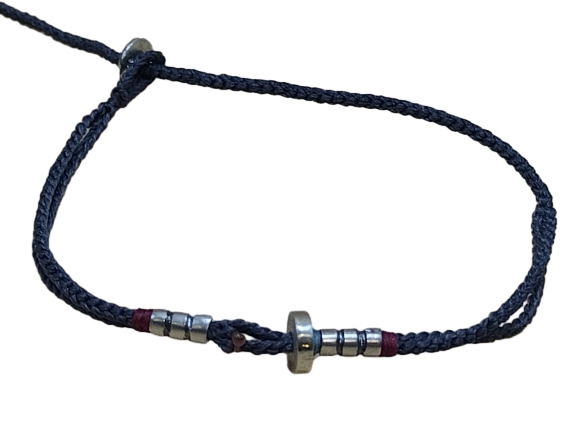 double thin cord bracelet/anklet on coal and coal with three geometric beads.