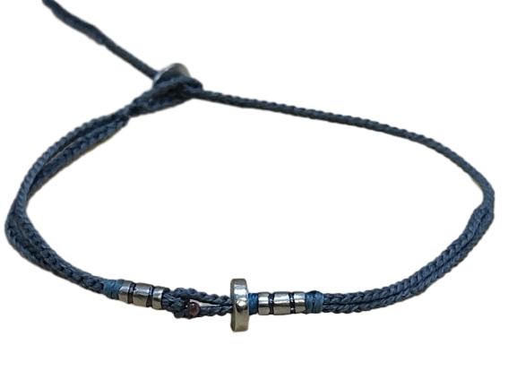 double thin cord bracelet/anklet on gray blue and gray blue with three geometric beads.