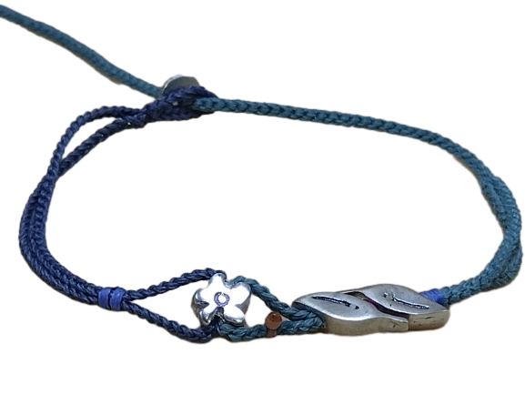 double thin cord bracelet/anklet on denim and cyan with 🌼 & 🍃🍃