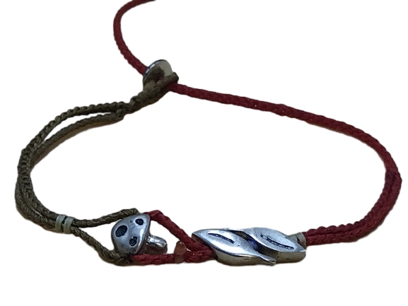 double thin cord bracelet/anklet on moca and red with 🍄 & 🍃🍃