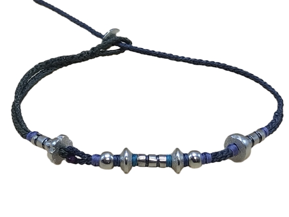 double thin cord bracelet/anklet on khaki and coal with nine geometric beads.