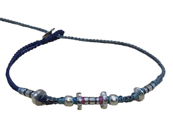 double thin cord bracelet/anklet on dark denim and gray blue with nine geometric beads.