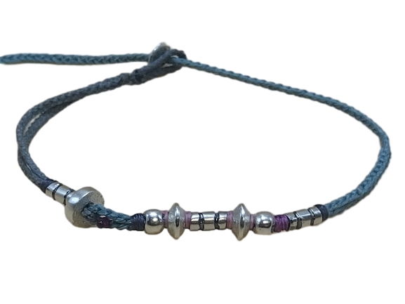 double thin cord bracelet/anklet on gray blue and cyan with eight geometric beads.