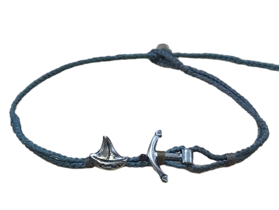 double thin cord bracelet/anklet on gray blue and cyan with ⚓ & ⛵