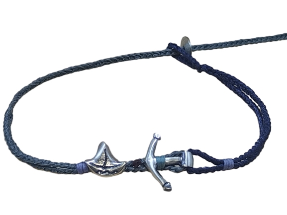 double thin cord bracelet/anklet on dark denim and gray blue with ⚓ & ⛵