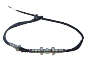 double thin cord bracelet/anklet on coal and black with seven geometric beads.