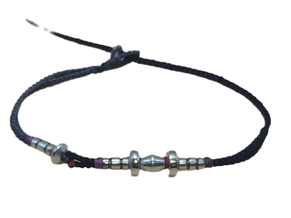 double thin cord bracelet/anklet on coal and black with seven geometric beads.