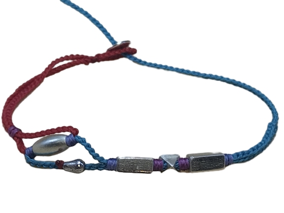 double thin cord bracelet/anklet on red and turquoise with five geometric beads.