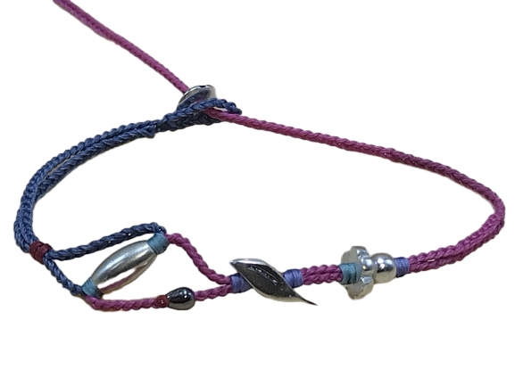 double thin cord bracelet/anklet on denim and fuchsia with five geometric beads & 🍃
