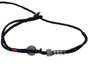 double thin cord bracelet anklet on black and black with three geometric beads.