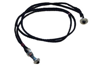 thin cord necklace (multi jewelry) on black with two geometric beads.