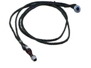 thin cord necklace (multi jewelry) on khaki with two geometric beads.