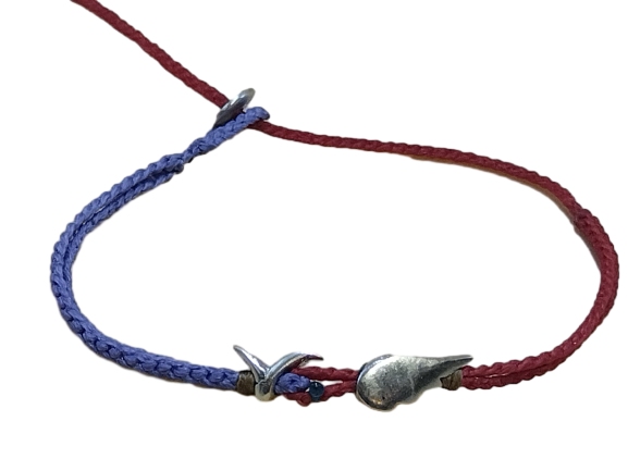 double thin cord bracelet/anklet on amethyst and red with sea gull & feather.