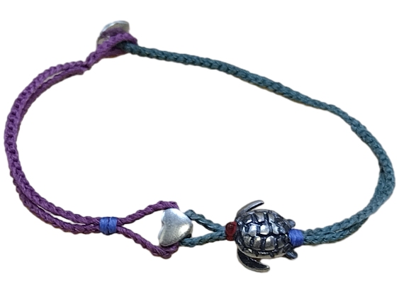 double thin cord bracelet/anklet on purple and cyan with ❤️ & 🐢