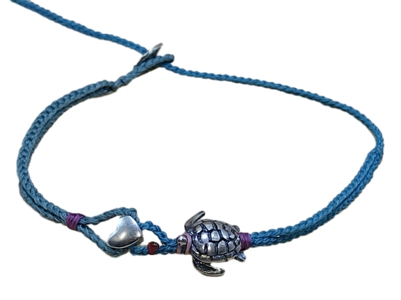 double thin cord bracelet/anklet on cyan and turquoise with ❤️ & 🐢