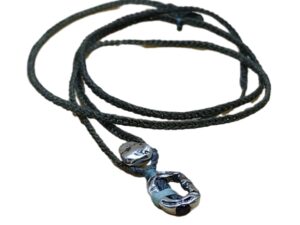 thin cord necklace (multi jewelry) on khaki with silver rock & carabiner.