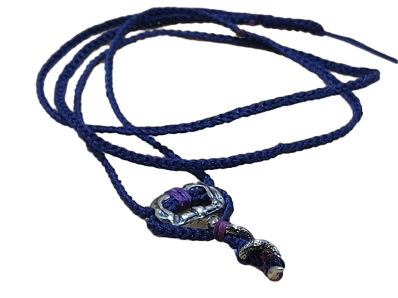 thin cord necklace (multi jewelry) on dark denim with carabiner & 🐍