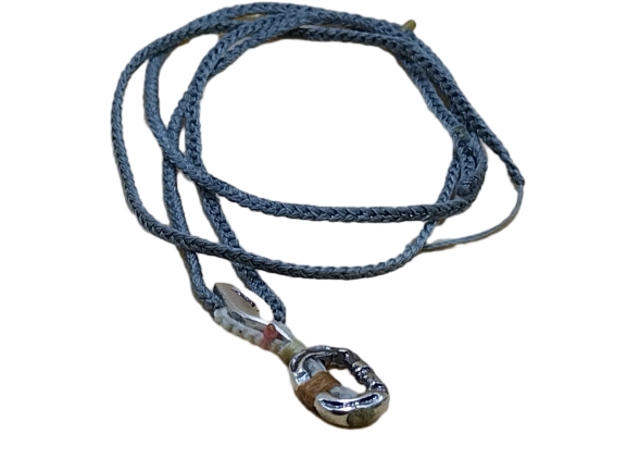 thin cord necklace (multi jewelry) on gray blue with 🍃 & carabiner.
