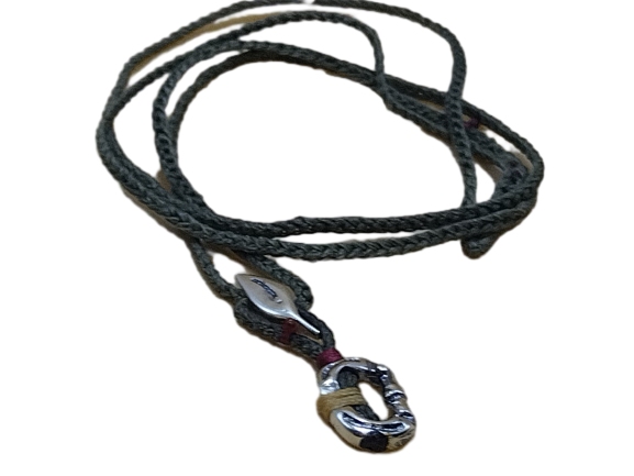 thin cord necklace (multi jewelry) on khaki with 🍃 & carabiner.