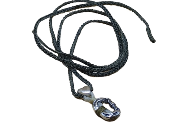 thin cord necklace (multi jewelry) on khaki with ❤️ & carabiner.